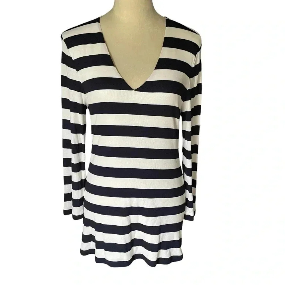 INC Stripes Top Women XL Y2K Navy White Long Sleeve Casual‎ Sporty Vintage Comfy
